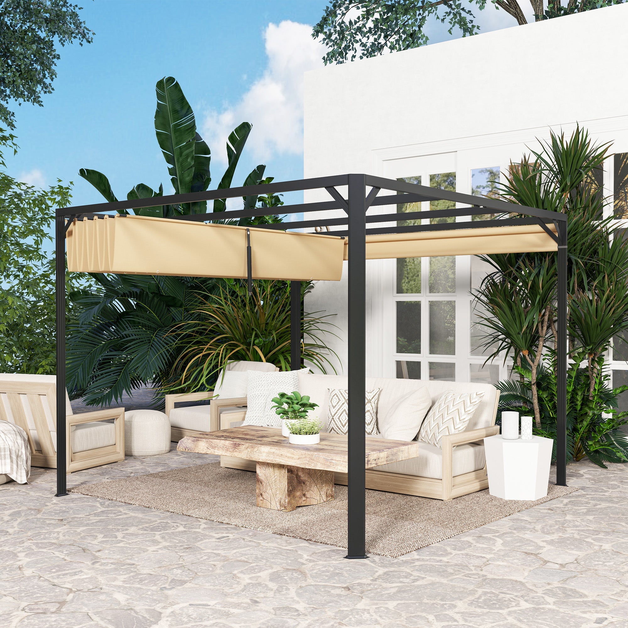 Outsunny 3 x 3m Aluminium Pergola, with Retractable Roof and Wall - Khaki 