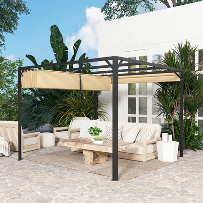 Outsunny 3 x 3m Aluminium Pergola, with Retractable Roof and Wall - Khaki 