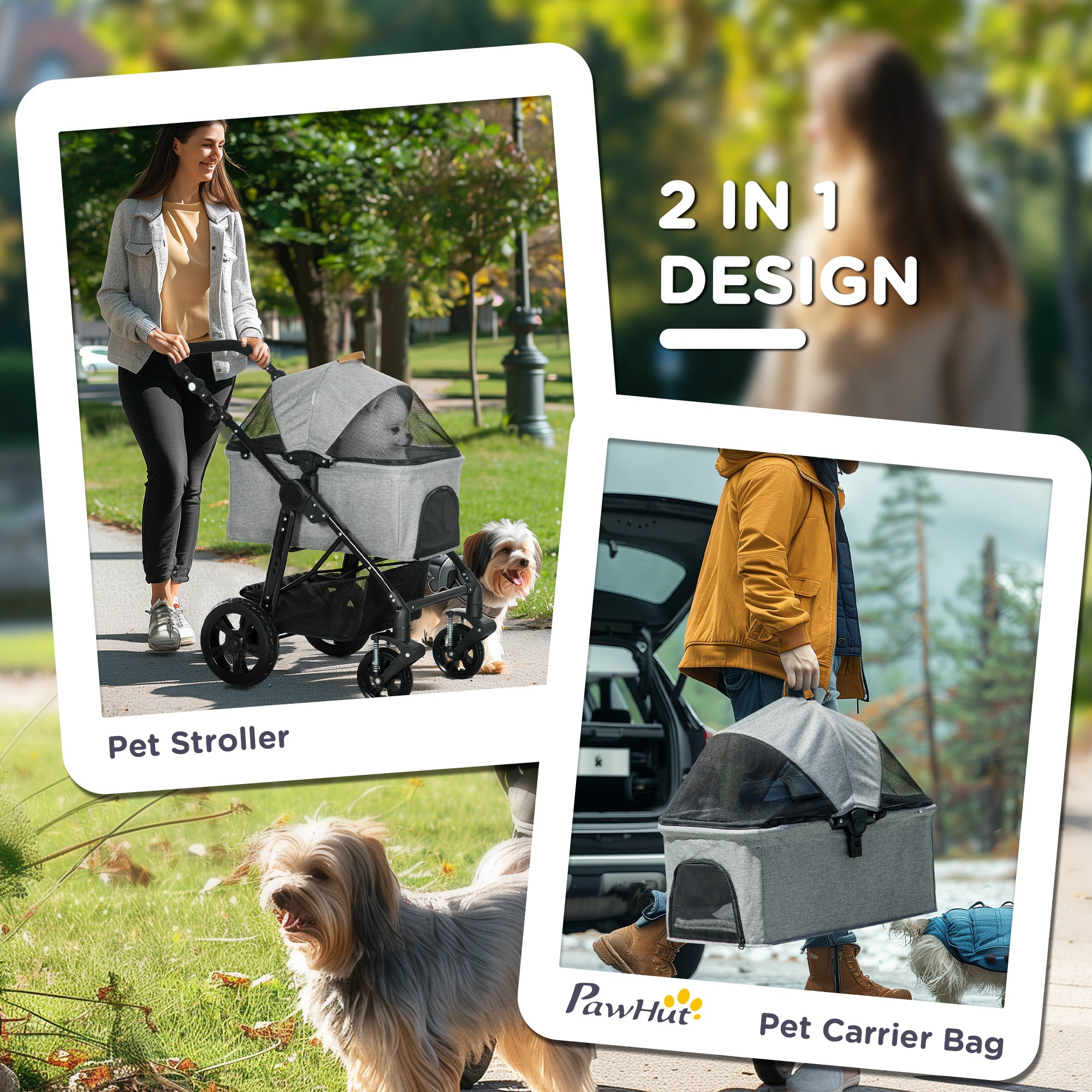 PawHut Dog Pram Pet Stroller for Small Dogs Cats, Foldable Dog Pushchair Trolley with Detachable Pet Carrier Bag, Shock Absorber, Adjustable Handlebar, Grey 