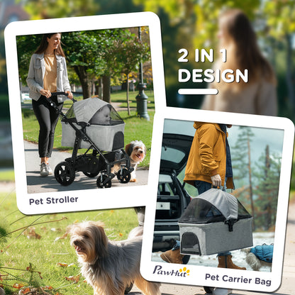 PawHut Dog Pram Pet Stroller for Small Dogs Cats, Foldable Dog Pushchair Trolley with Detachable Pet Carrier Bag, Shock Absorber, Adjustable Handlebar, Grey 