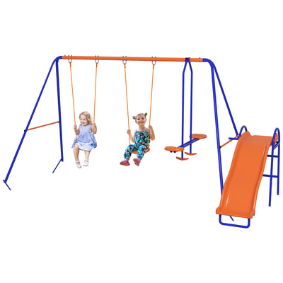Outsunny Four-In-One Metal Garden Swing Set, with Double Swings, Glider, Slider, Ladder - Orange and Blue 
