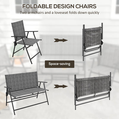 Outsunny Outdoor\'c2\'a04 Pieces Patio Furniture Set with Breathable Mesh Fabric\'c2\'a0Seat & Backrest,\'c2\'a0Garden Set with Two Foldable Armchairs, a Loveseat &\'c2\'a0Glass\'c2\'a0Top\'c2\'a0Table, Mixed Grey 