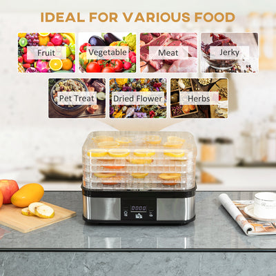 HOMCOM 5 Tier Food Dehydrator, 245W Stainless Steel Food Dryer Machine with Adjustable Temperature, Timer and LCD Display for Drying Fruit, Meat, Vegetable, Jerky and Pet Treat, Black 