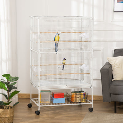PawHut Large Bird Cage Budgie Cage for Finch Canaries Parakeet with Rolling Stand, Slide-out Tray, Storage Shelf, Food Containers, White 