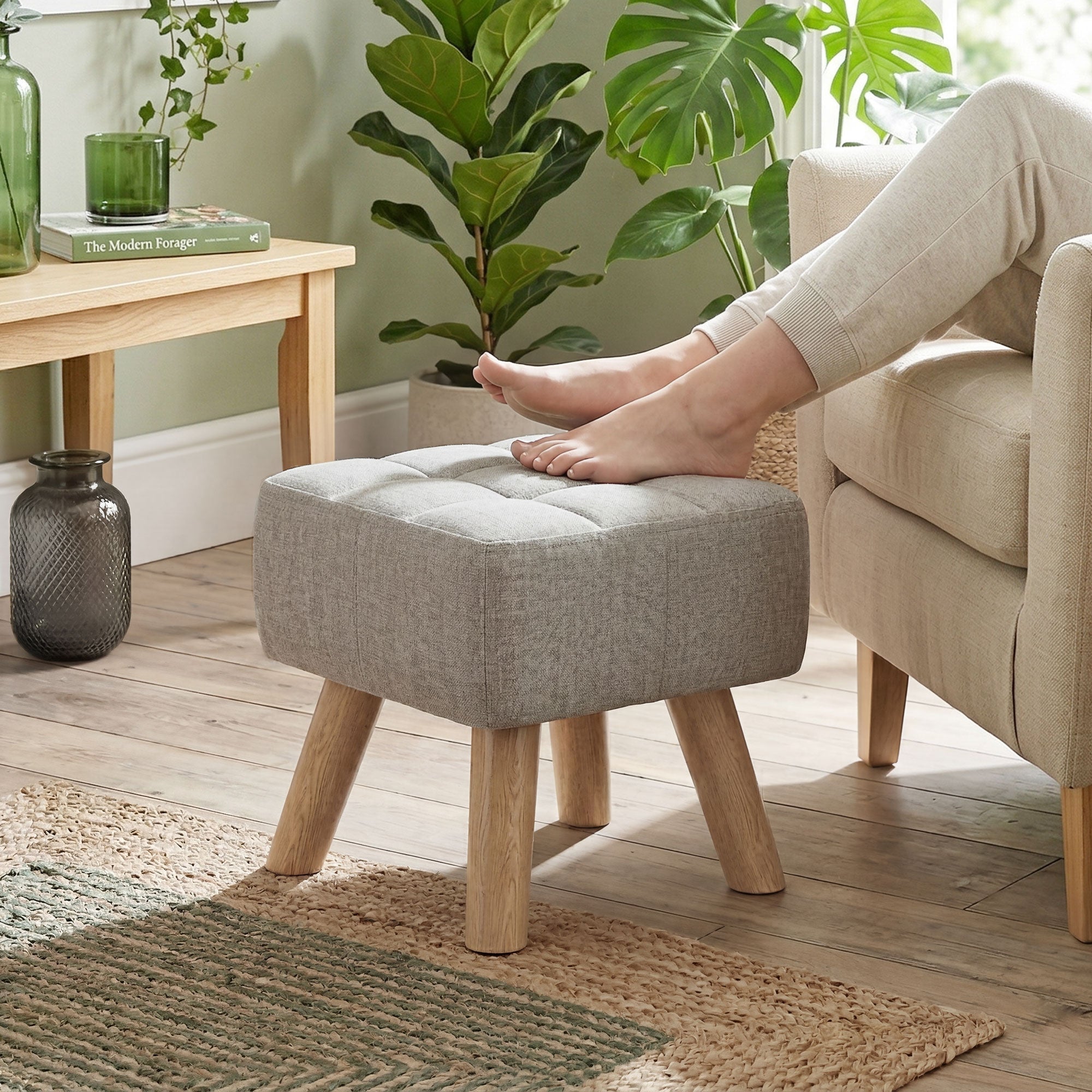 HOMCOM Linen-Look Square Padded Footstool - Light Brown 