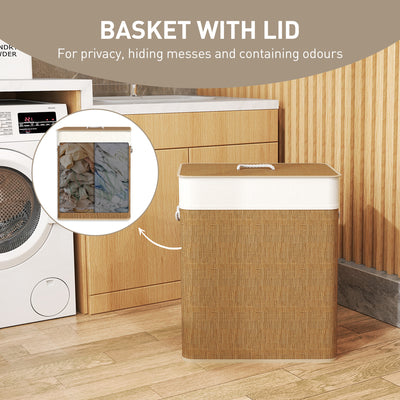 HOMCOM Double Laundry Basket with Lid, 100L Bamboo Laundry Hamper with Rope Handles, Washing Basket with Removable Liner for Bathroom, Bedroom, Brown 