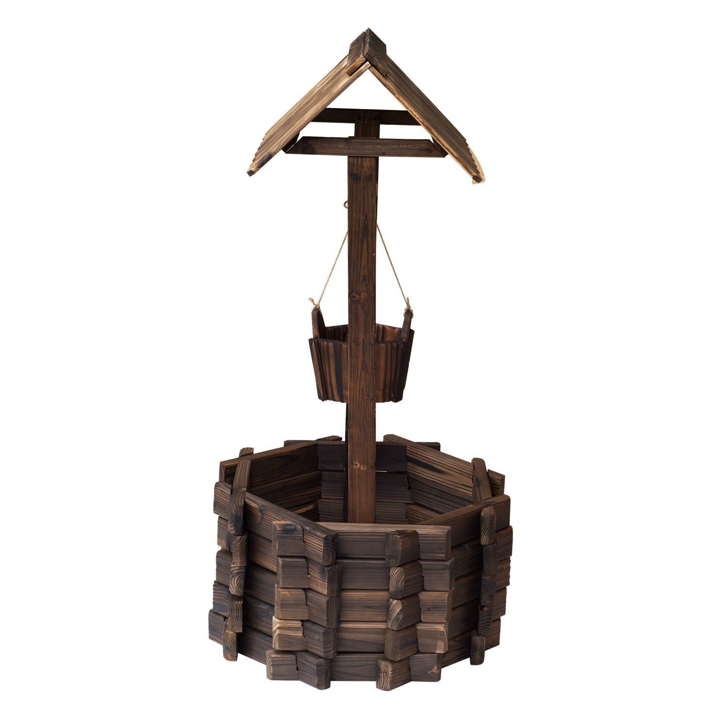 Outsunny Wooden Wishing Well Planter Outdoor Flower Pot Backyard Garden Decor w/ Bucket 
