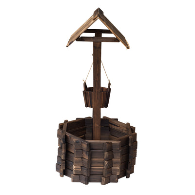Outsunny Wooden Wishing Well Planter Outdoor Flower Pot Backyard Garden Decor w/ Bucket 