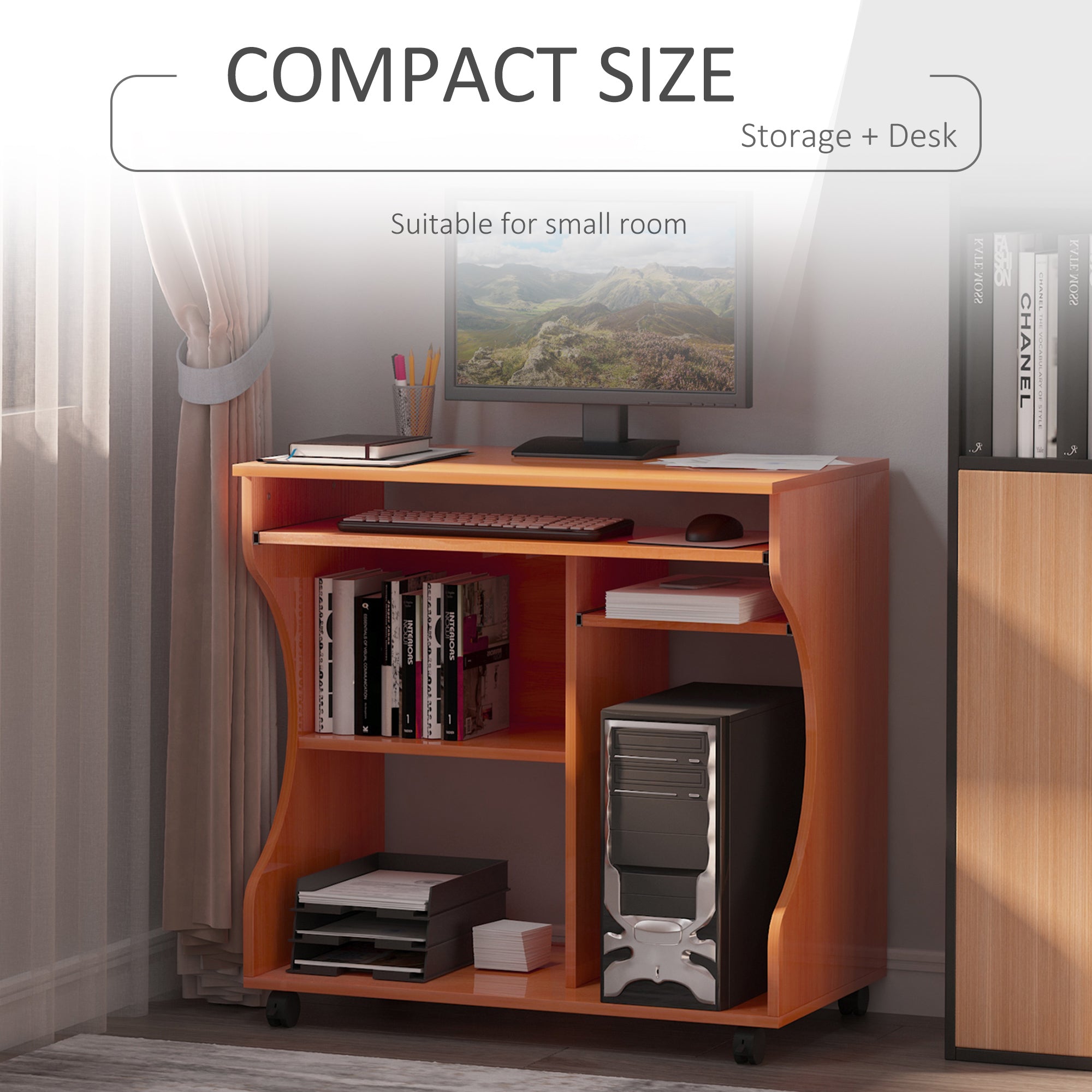 HOMCOM Multi-Storage Compact Work Desk, with Wheels - Cherry Wood Colour 