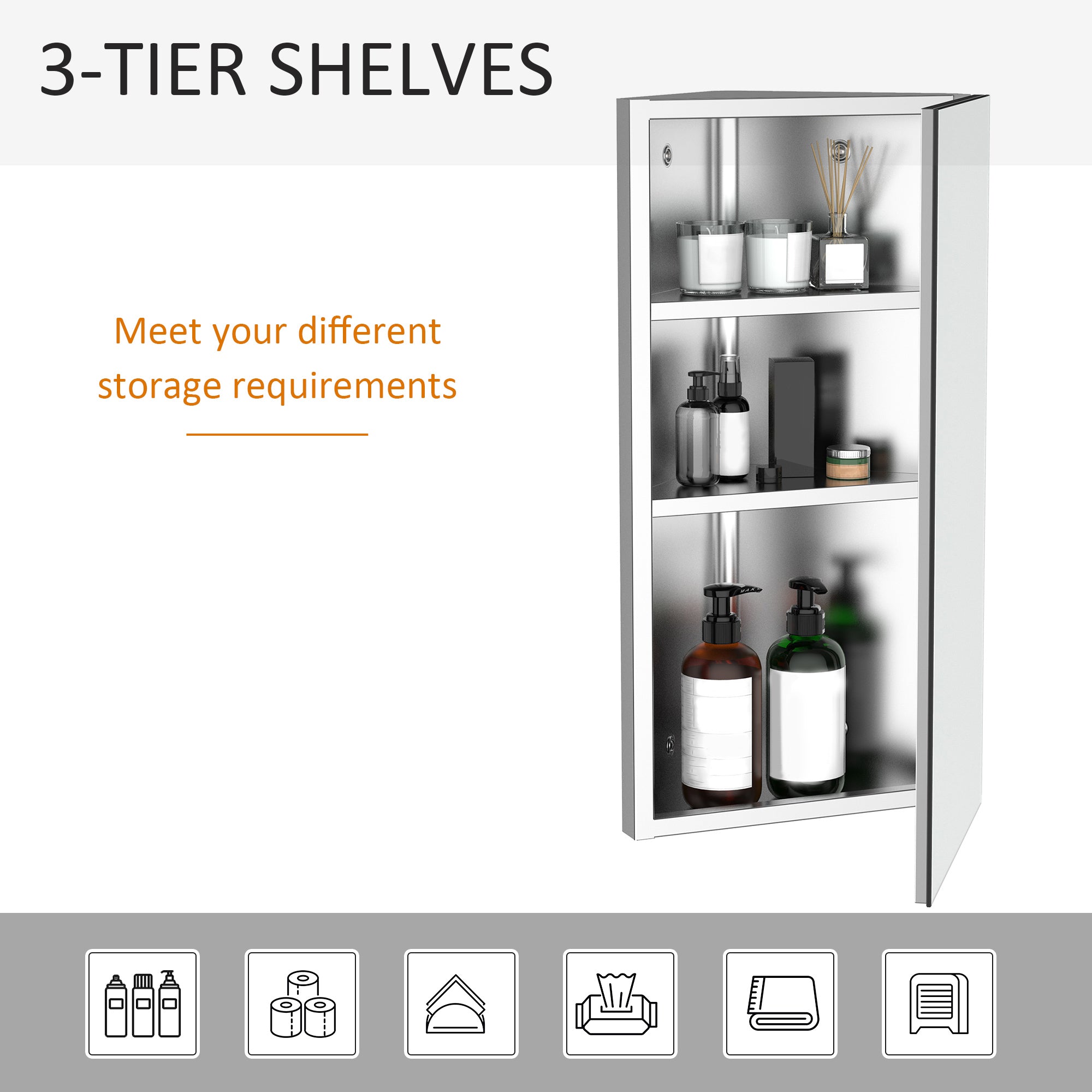 HOMCOM Stainless Steel Wall mounted Bathroom Corner Mirror Storage Cabinet Single Door 300mm (W) 