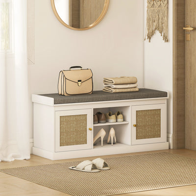 HOMCOM Boho Shoe Storage Bench with Padded Cushion and Rattan Doors - White 