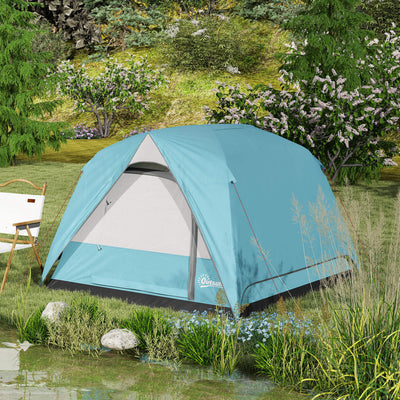 Outsunny 3-4 Person Camping Tent, Easy Set Up Waterproof Dome Tent with Sewn-in Groundsheet, Mesh Windows, Pocket and Hook for Camping, Hiking, Backpacking, Navy Blue and Light Blue 