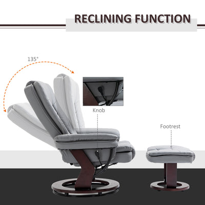 HOMCOM Manual Recliner and Footrest Set PU Leather Leisure Lounge Chair Armchair with Swivel Wood Base, Grey 