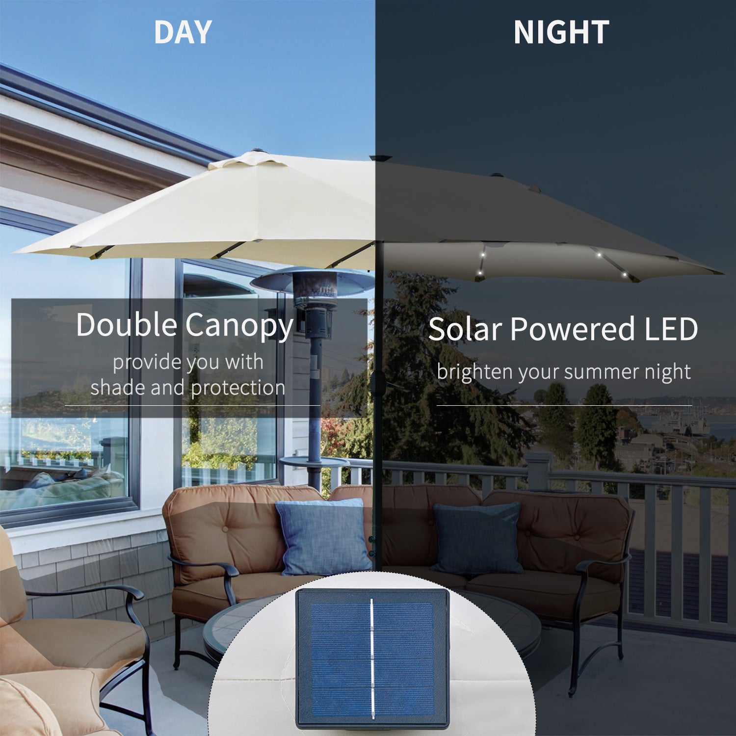 Outsunny 4.4m Double-Sided Sun Umbrella Patio Parasol LED Solar Lights Cream White 