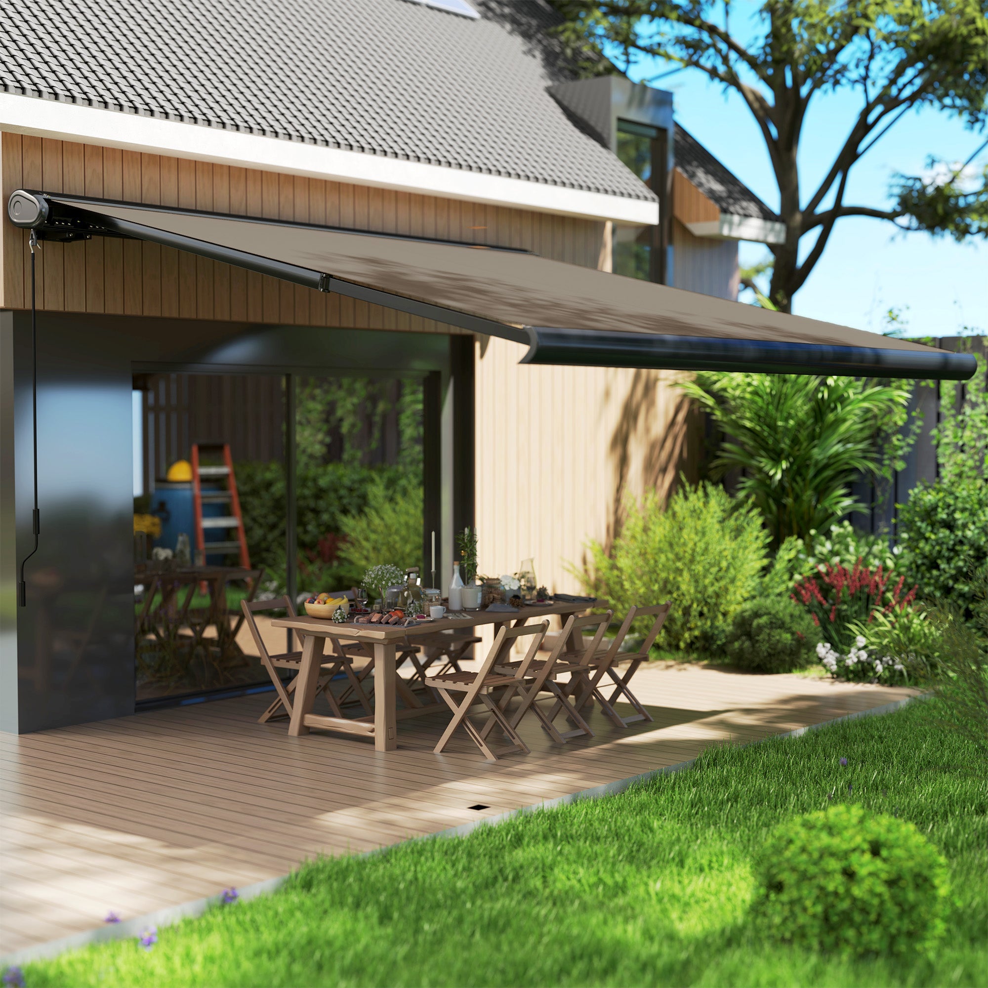 Outsunny 3.5 x 3 m Electric Awning with Remote Controller, Aluminium Frame DIY Retractable Awning, UV50+ Sun Shade Canopy for Garden Patio Deck Door Window, Light Grey 