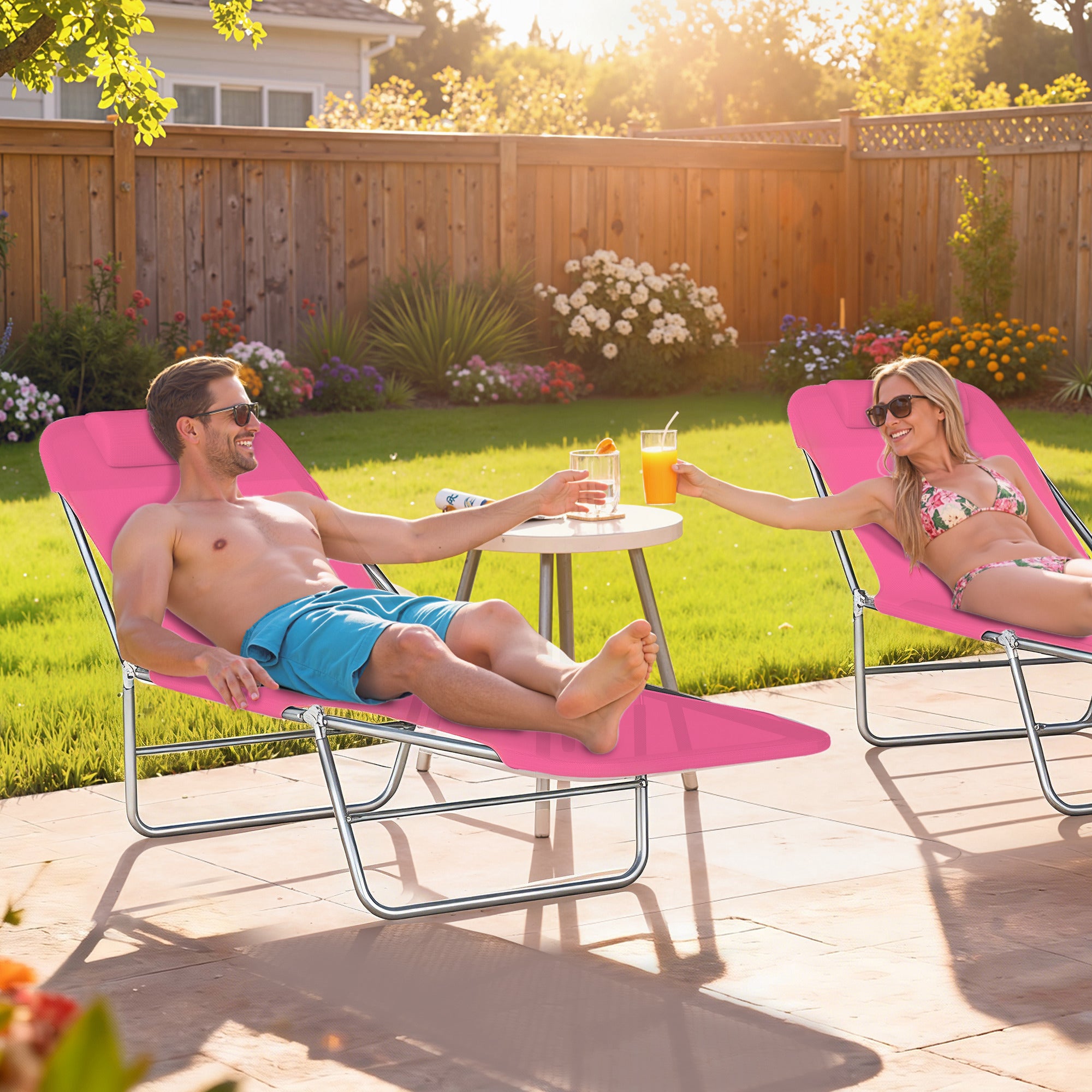 Outsunny Folding Sun Lounger with Head Pillow - Pink 