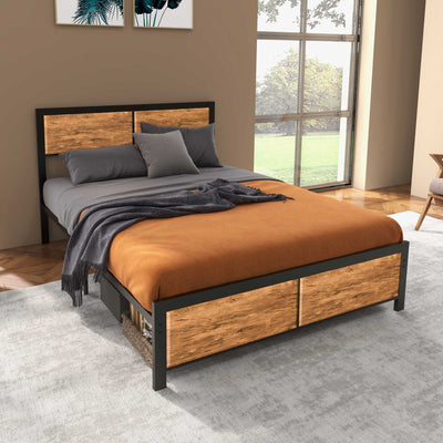 HOMCOM Industrial Double Bed Frame, 5FT Steel Bed Base with Headboard, Footboard, Slatted Support and Under Bed Storage, 147 x 197cm, Rustic Brown 