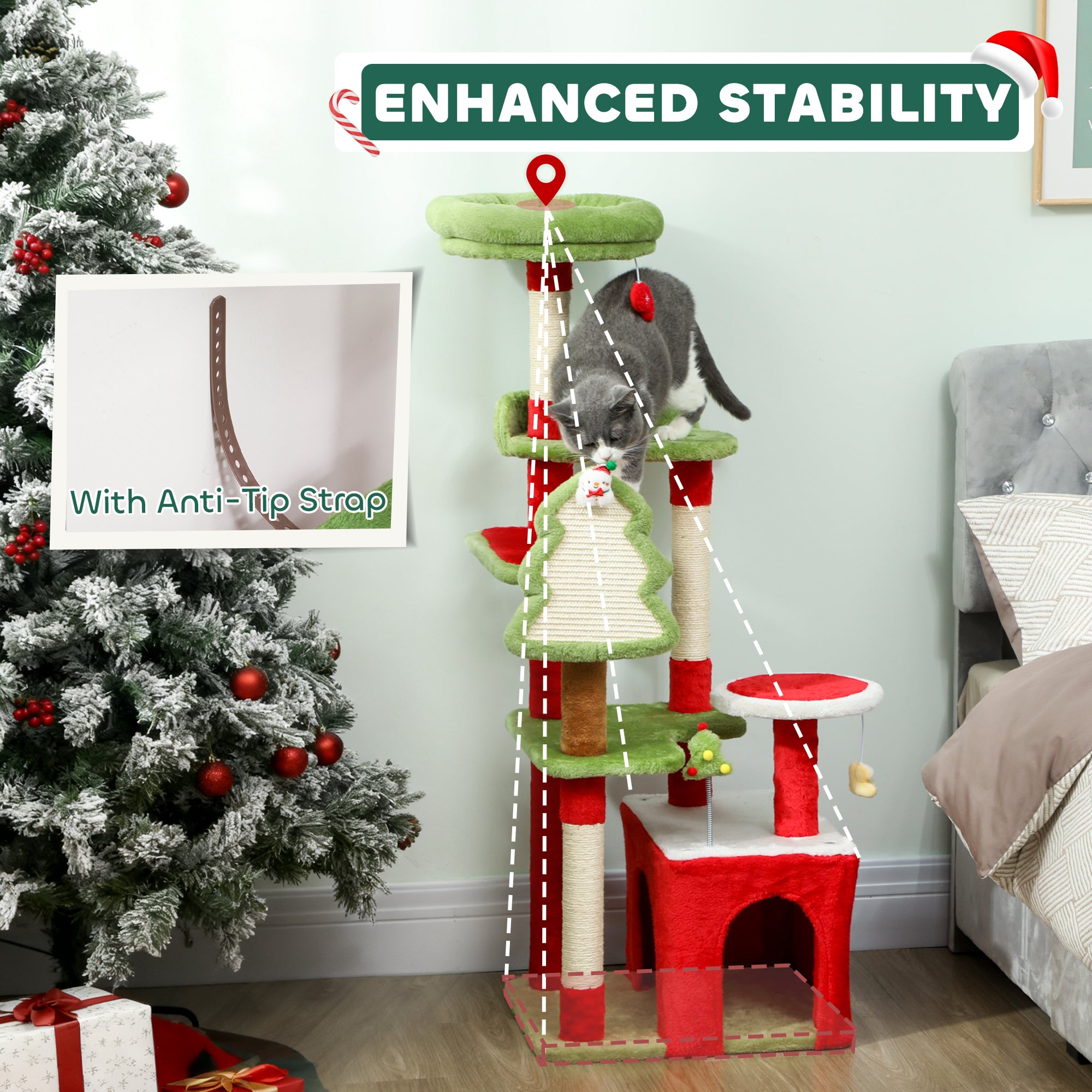 PawHut Cat Tree, 120cm Christmas Cat Tower with 3 Scratching Posts, Scratching Board, 2 Perches, Platforms, Toys, Green 
