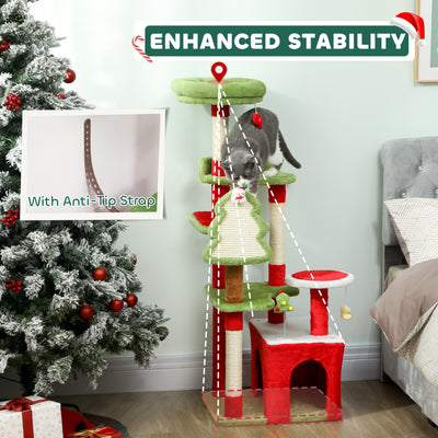 PawHut Cat Tree, 120cm Christmas Cat Tower with 3 Scratching Posts, Scratching Board, 2 Perches, Platforms, Toys, Green 