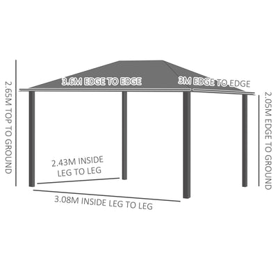 Outsunny 3 x 3.6m Hardtop Gazebo Canopy with Polycarbonate Roof, Aluminium Frame, Permanent Pavilion Garden Gazebo with Netting and Curtains for Patio, Deck, Dark Grey 