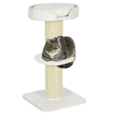 PawHut 2 Tier Sisal Sherpa Cat Tree with Basket Cushion Sisal Post Cream White 