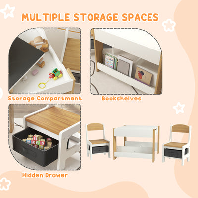 HOMCOM Three-Piece Kids Table and Chair Set with Blackboard, Storage, Bookshelves - Natural Wood 