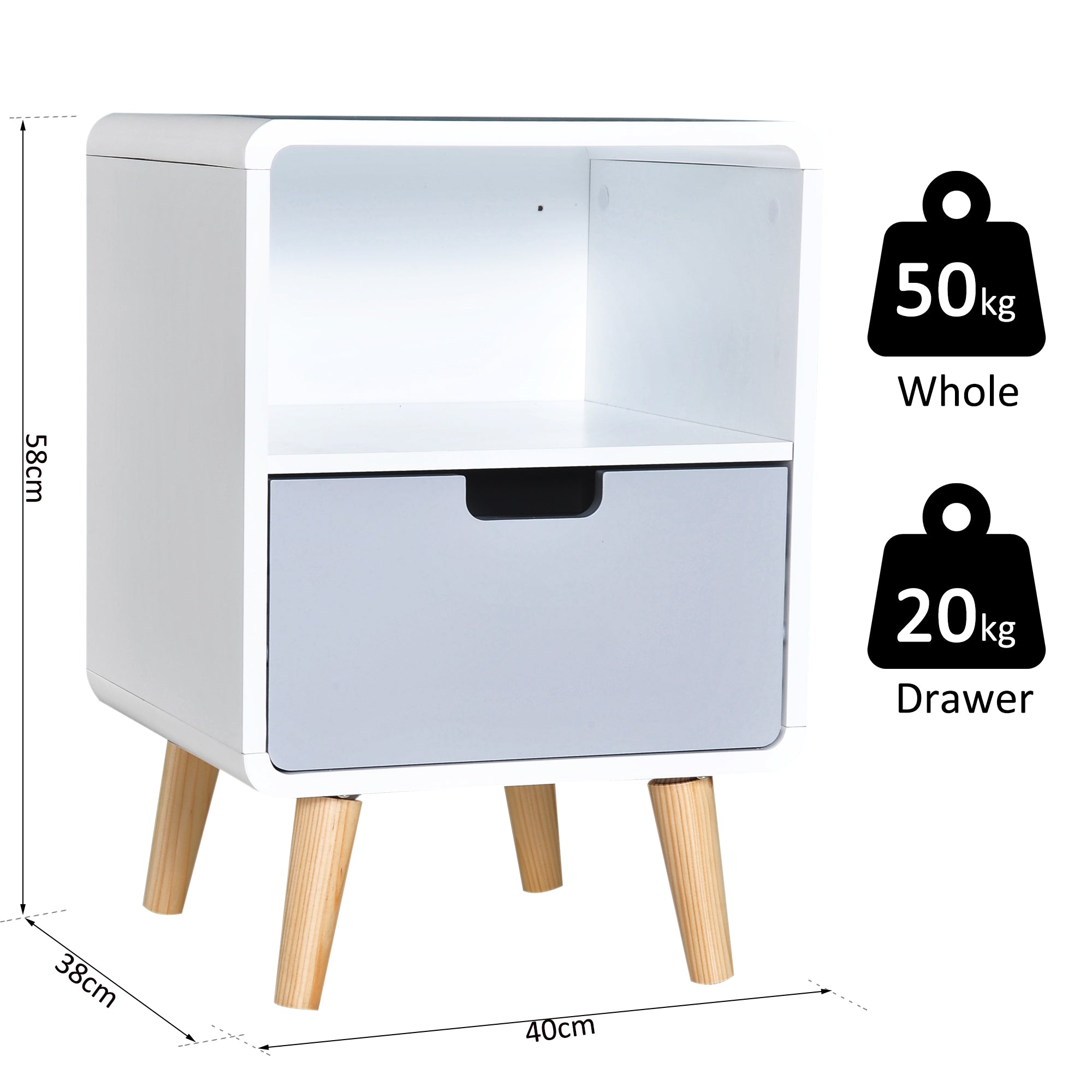 HOMCOM Wooden Bedside Table End Nightstand With Drawer Wood Lamp Desk Storage Unit Bedroom Scandinavian Nordic Style 