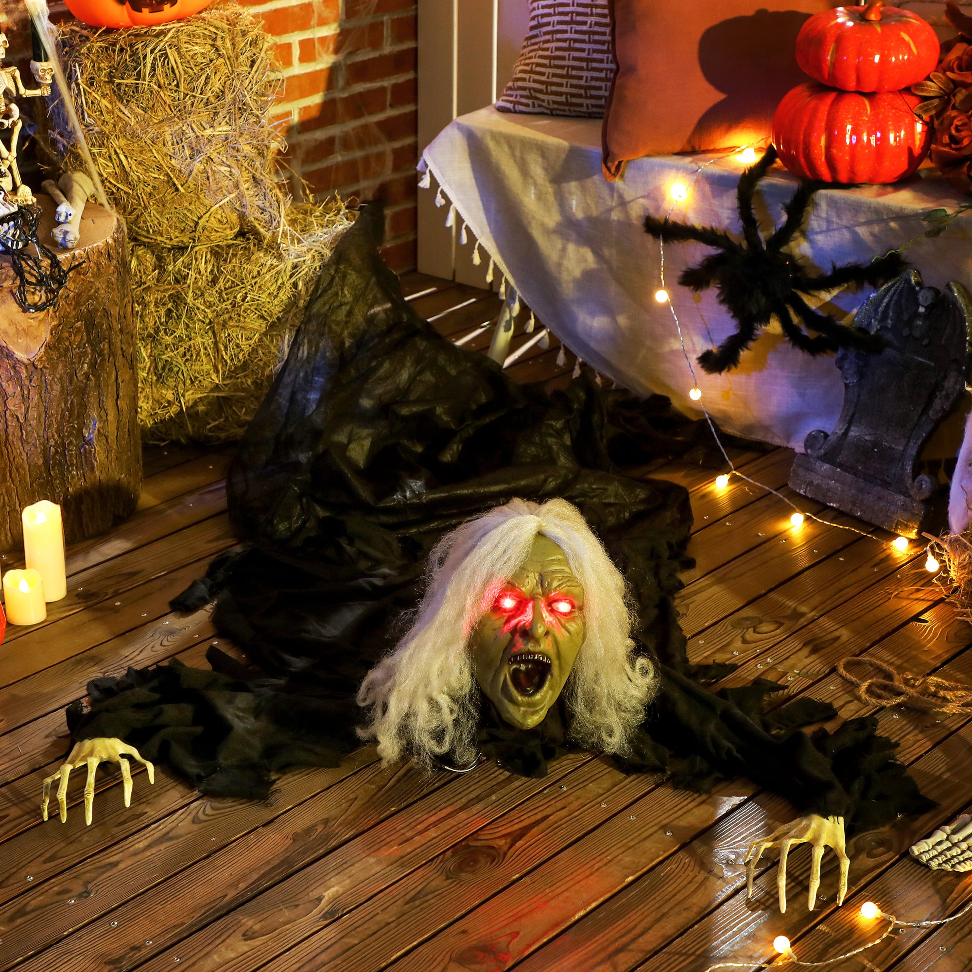 Outsunny 183 cm Life Size Halloween Animated Crawling Zombie with Glowing LED Eyes, Scary Halloween Decorations, Battery Operated, Indoor Outdoor Party Props