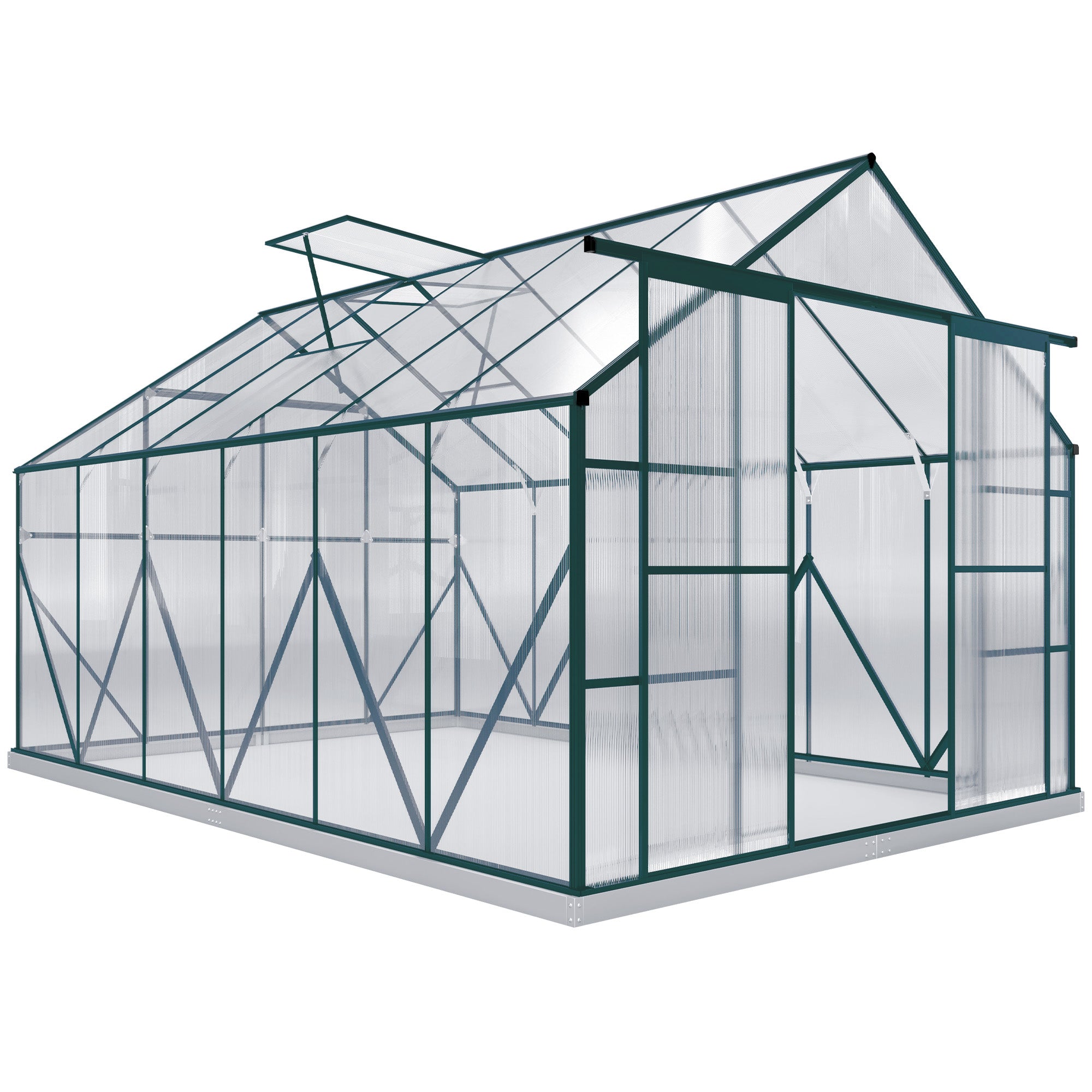 Outsunny 8 x 12ft Aluminium Greenhouse Polycarbonate Walk-in Garden Greenhouse Kit with Adjustable Roof Vent, Double Sliding Door, Rain Gutter and Foundation, Clear 