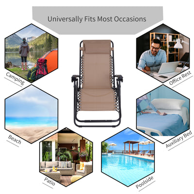 Outsunny Zero Gravity Chair Set of 2, Metal Frame Texteline Armchair Outdoor Folding and Reclining Sun Lounger with Head Pillow for Patio Decking Gardens Camping, Beige 