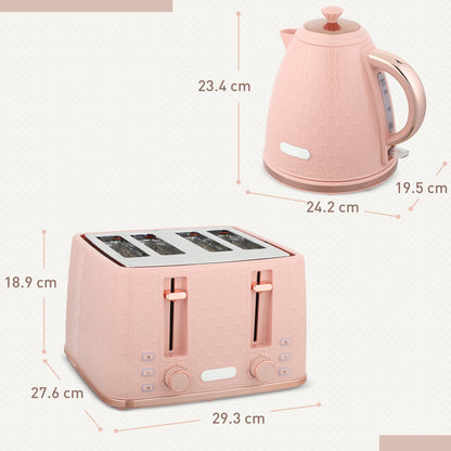 HOMCOM Kettle and Toaster Set, 1.7L 3000W Fast Boil Jug Kettle, 4 Slice Toaster with 7 Level Browning Controls, Light Pink