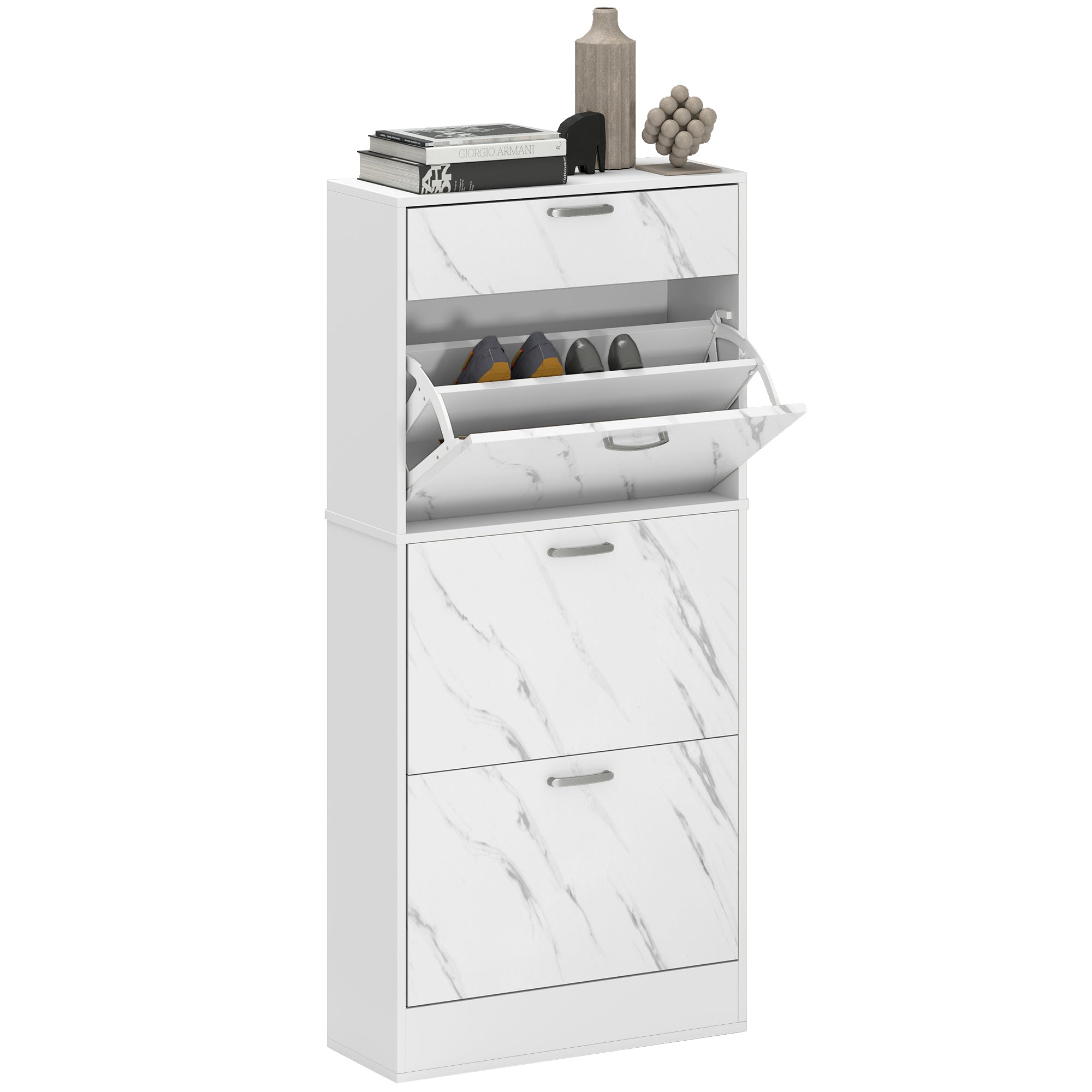 HOMCOM Marble Shoe Storage Cabinet with 3 Flip Drawers, Hallway Cabinet with Top Drawer and Adjustable Shelves, Shoe Cupboard for 18 Pairs, White 
