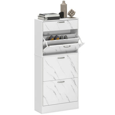 HOMCOM Marble Shoe Storage Cabinet with 3 Flip Drawers, Hallway Cabinet with Top Drawer and Adjustable Shelves, Shoe Cupboard for 18 Pairs, White 