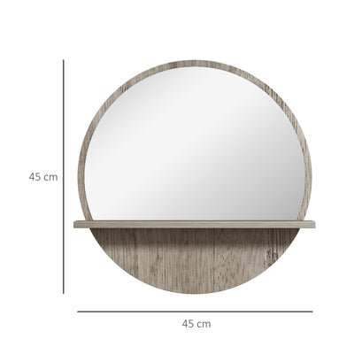 kleankin 45cm Round Home Mirror, with Shelf - Grey Wood-Effect 