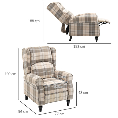 HOMCOM Wingback Recliner Armchair for Living Room, Pushback Reclining Chair with Round Armrests, Footrest and Rubber Wood Legs, Khaki 