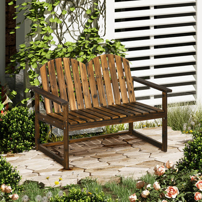 Outsunny Outdoor Wooden Garden Bench, Patio Loveseat Chair with Slatted Backrest and Smooth Armrests for Two People, for Yard, Lawn, Porch, Carbonised Finish 