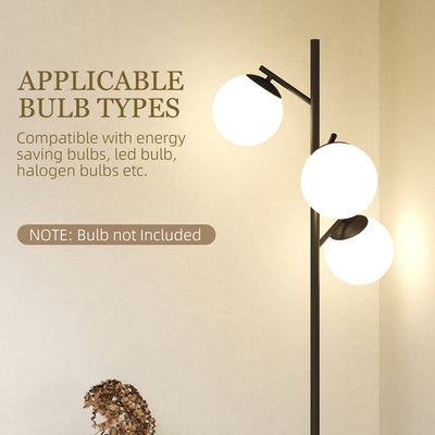 HOMCOM 3-Light Tree Floor Lamps for Living Room, Modern Standing Lamp for Bedroom with Globe Lampshade, Steel Base, Bulb not Included, Black 