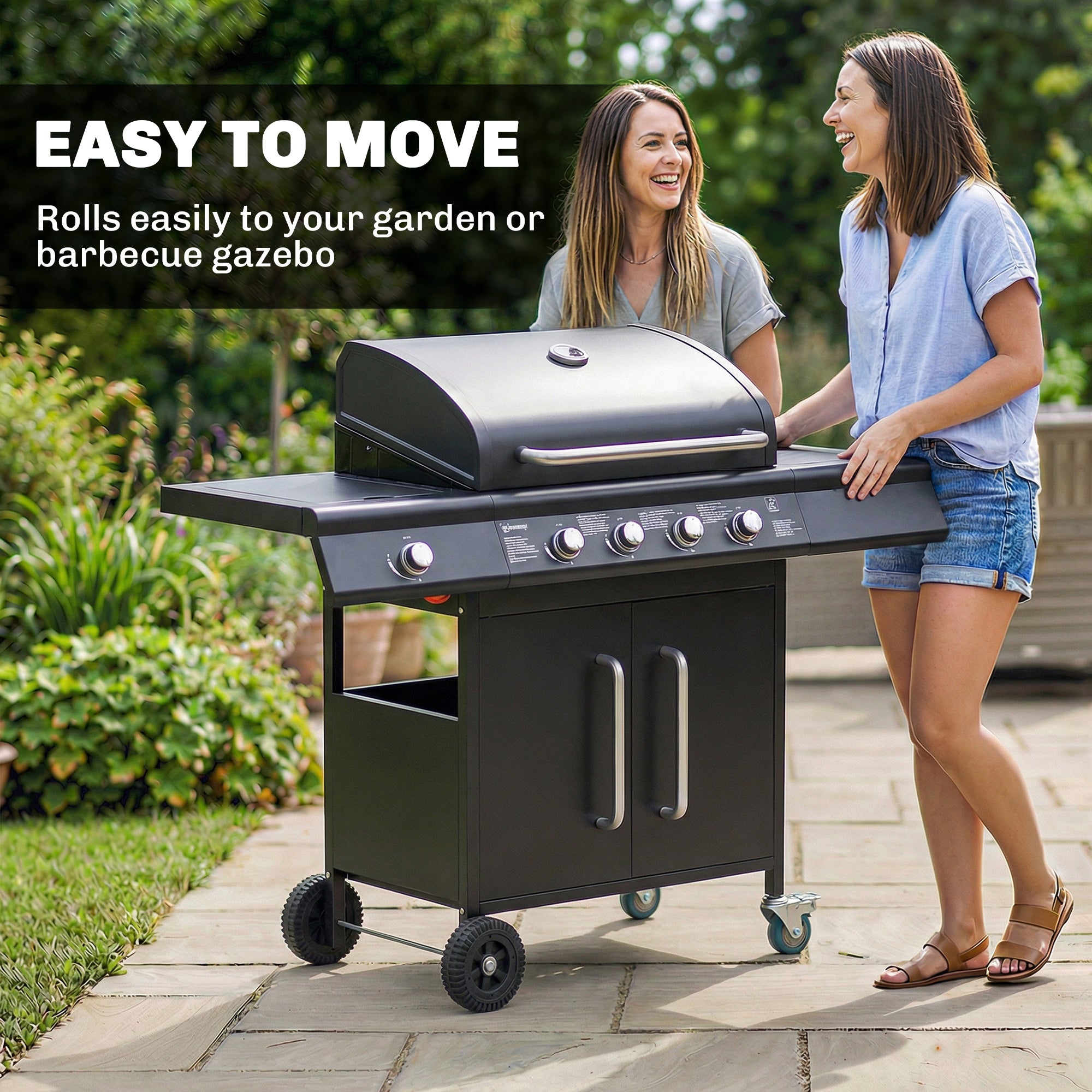 Outsunny 4+1 Burner Gas BBQ Grill with Storage Cabinet, 15.2 kW Gas Barbecue Trolley with Side Table, 4 Wheels, Warming Rack 