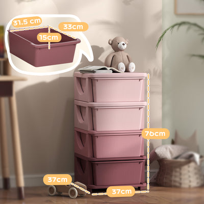 HOMCOM Four-Tier Kids Storage Boxes, with Four Drawers, Pink 