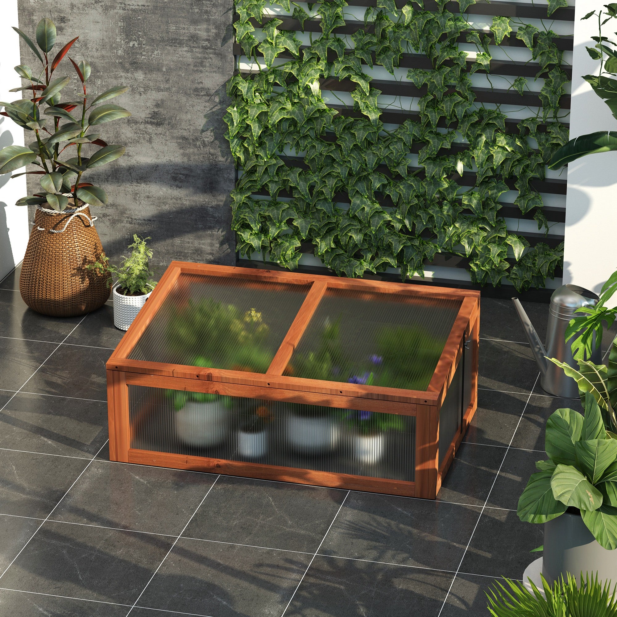 Outsunny Wooden Cold Frame, Small Polycarbonate Greenhouse for Plants with Openable & Tilted Top Cover, Brown, 100 x 65 x 40cm 