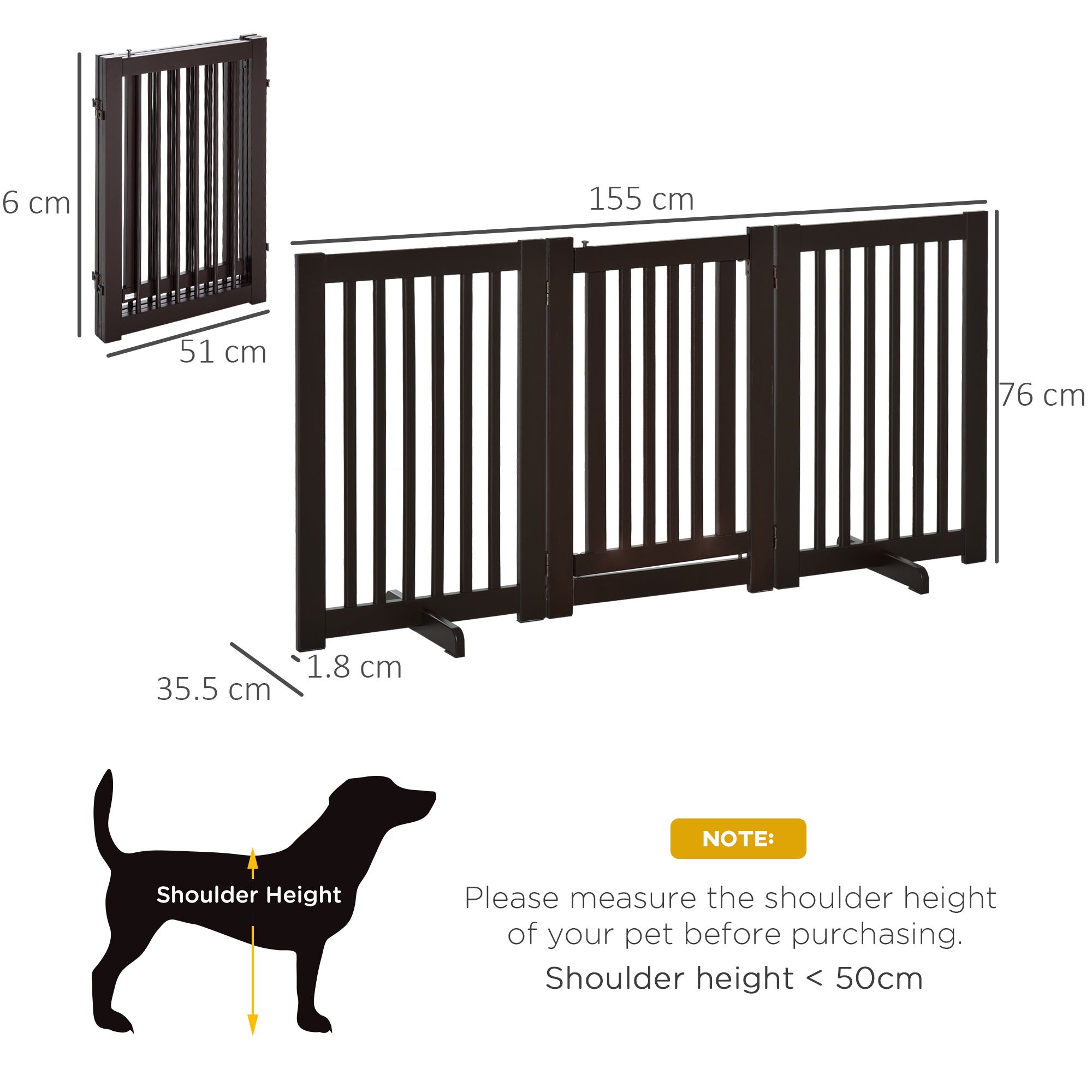 PawHut Freestanding Dog Gate, Foldable Pet Fence, Indoor Barrier, Stair Gate with Support Feet, 155 x 76 cm, Brown 