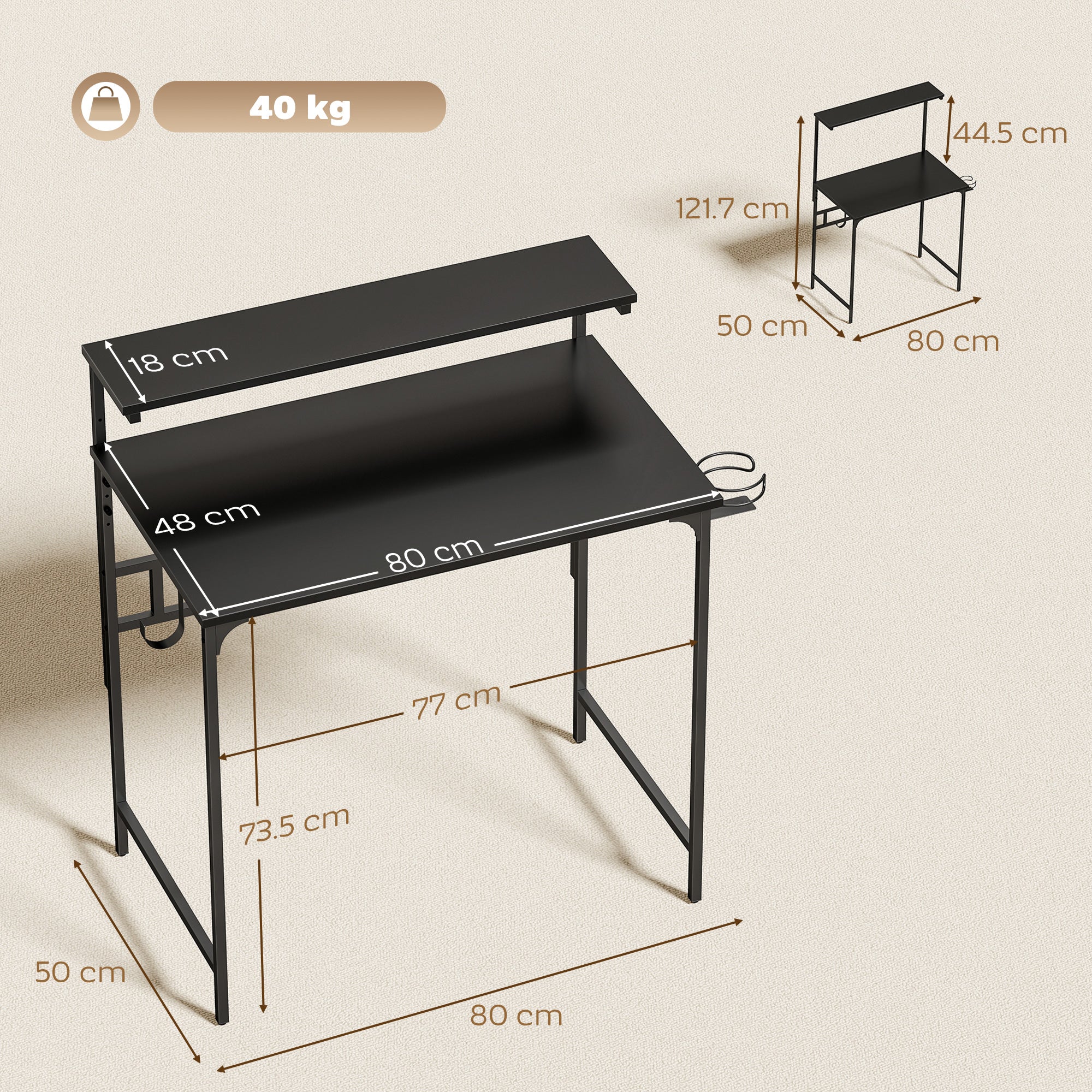 HOMCOM Computer Desk, 80cm Home Office Study Table with Hutch Shelf, Cup Holder, Headphone Hook, Black 