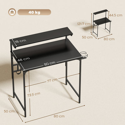 HOMCOM Computer Desk, 80cm Home Office Study Table with Hutch Shelf, Cup Holder, Headphone Hook, Black 