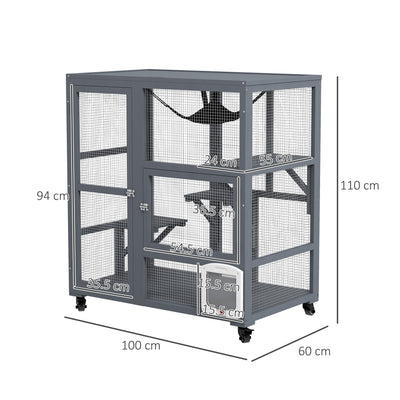 PawHut Cat House, Wooden Outdoor Catio Cat Enclosure on Wheels, Wooden Kitty Cage with Platforms, Hammock, Light Grey 