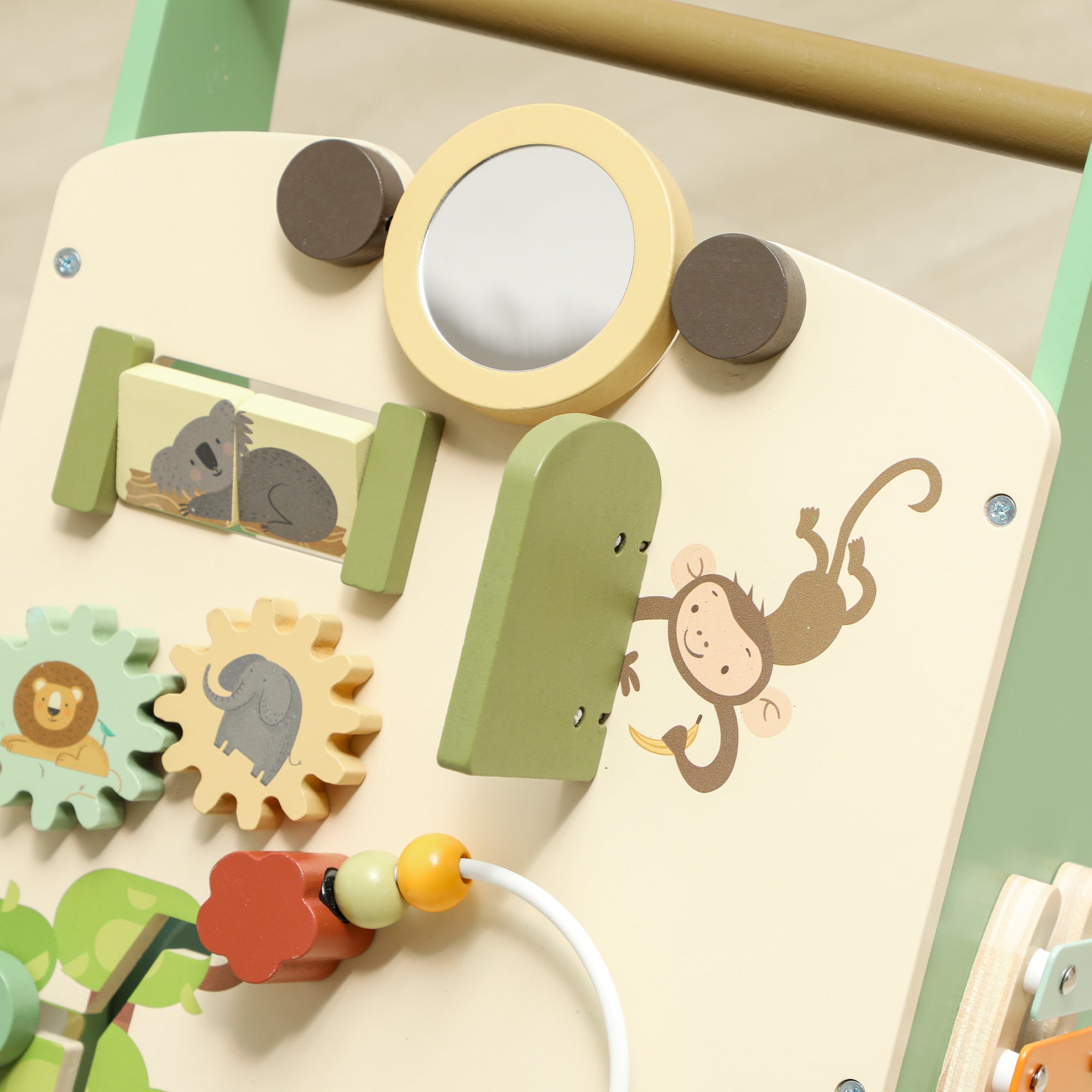 AIYAPLAY Wooden Baby Walker, Push Along Walker Toys with Speed Control, Xylophone, gears and Bead Maze, Green 