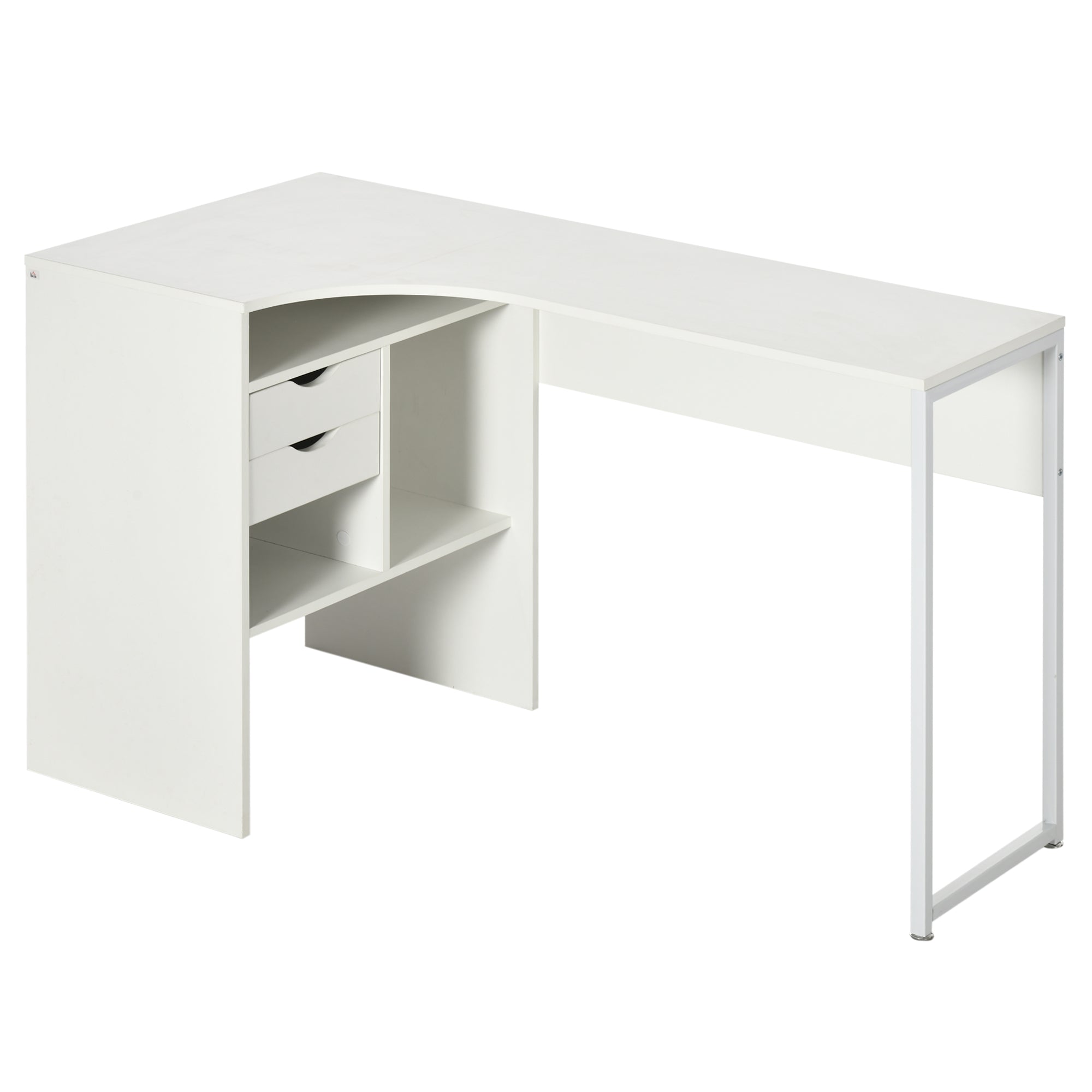HOMCOM L Shaped Desk, 120cm Computer Desk, Corner Desk with 2 Drawers and 3 Storage Compartments for Home Office, Study Workstation, White 