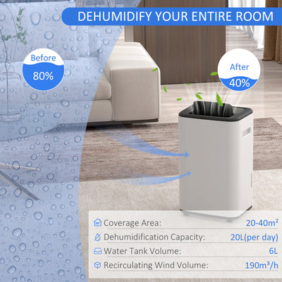 HOMCOM 6000mL Portable Dehumidifier with 24H Timer, 3 Dehumidifying Modes, 20L/Day, for Home Laundry Basement 
