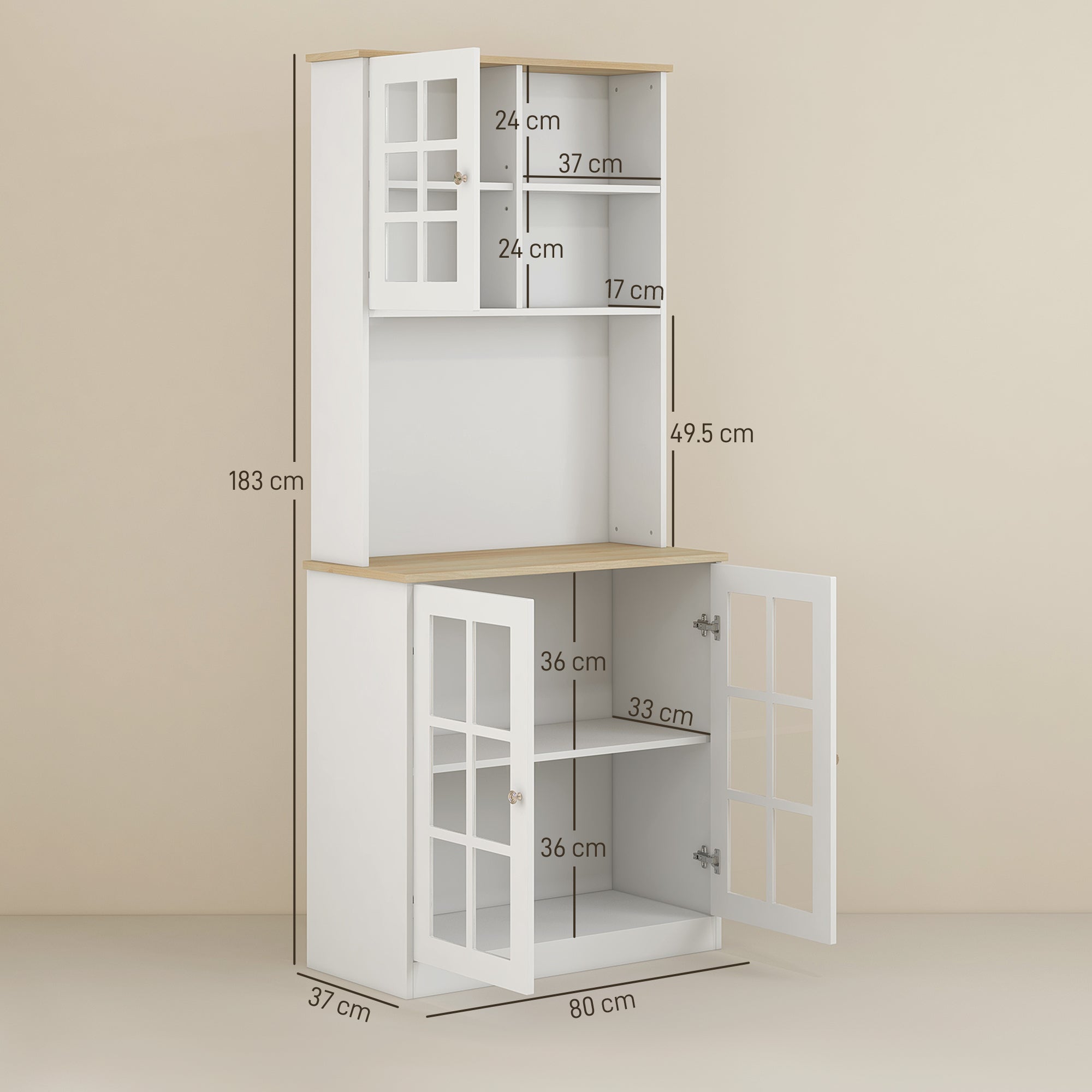 HOMCOM Freestanding Kitchen Cupboard, Storage Cabinet with Doors and Adjustable Shelves, Counter Top, Grid Glass Doors, 80L x 37W x 183H cm - White 