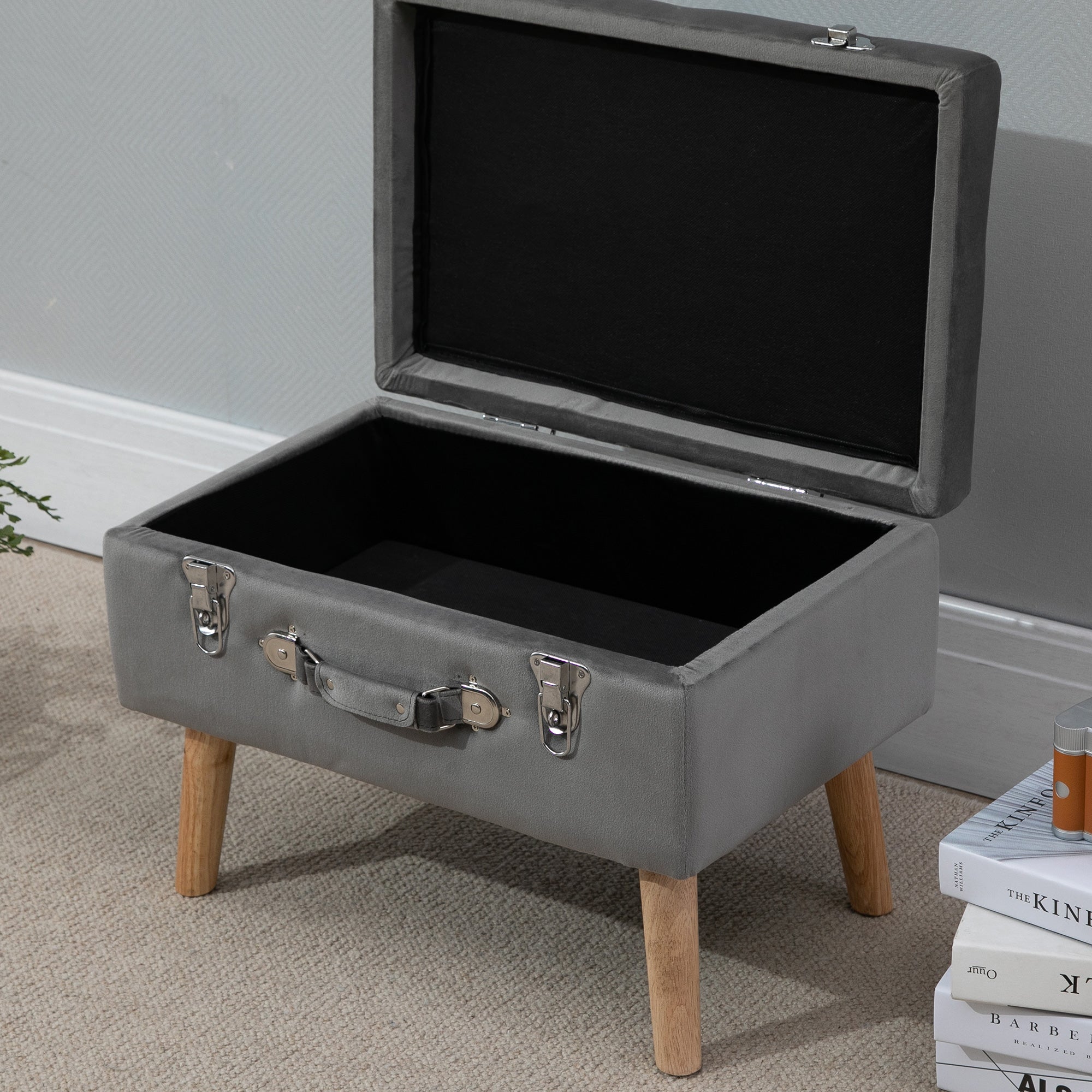 HOMCOM Elegant Velvet Footstool Pouffe Storage Trunk Stool Wood Legs Foot Pads Home Bedroom Hallyway Unique Storage Grey 