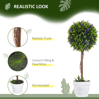 HOMCOM Set of 2 Decorative Artificial Plants Ball Trees with Lavender Flowers in Pot Fake Plants for Home Indoor Outdoor Decor, 60cm, Green 
